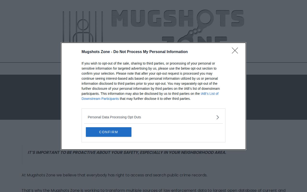Local Springfield Missouri Mugshots.zone page showing a privacy and opt-out notice