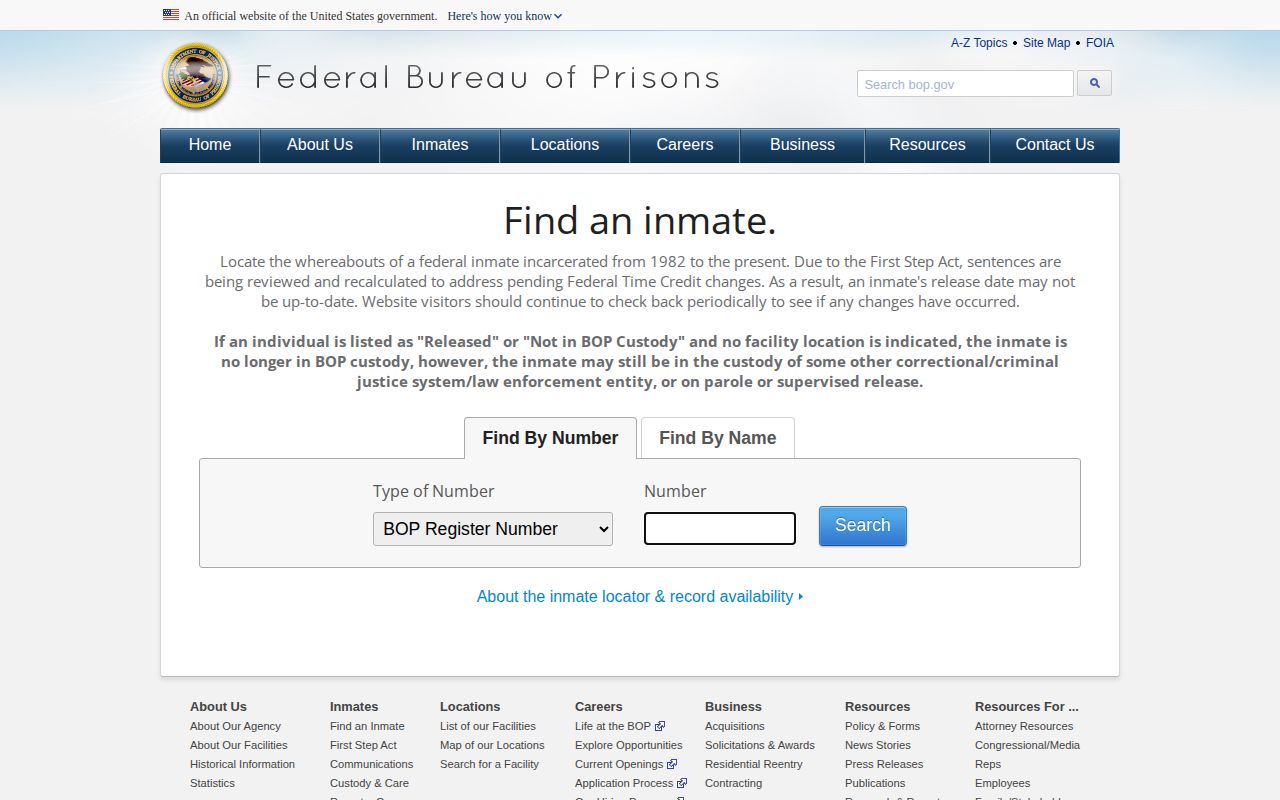 Missouri federal custody record lookup through the BOP inmate locator