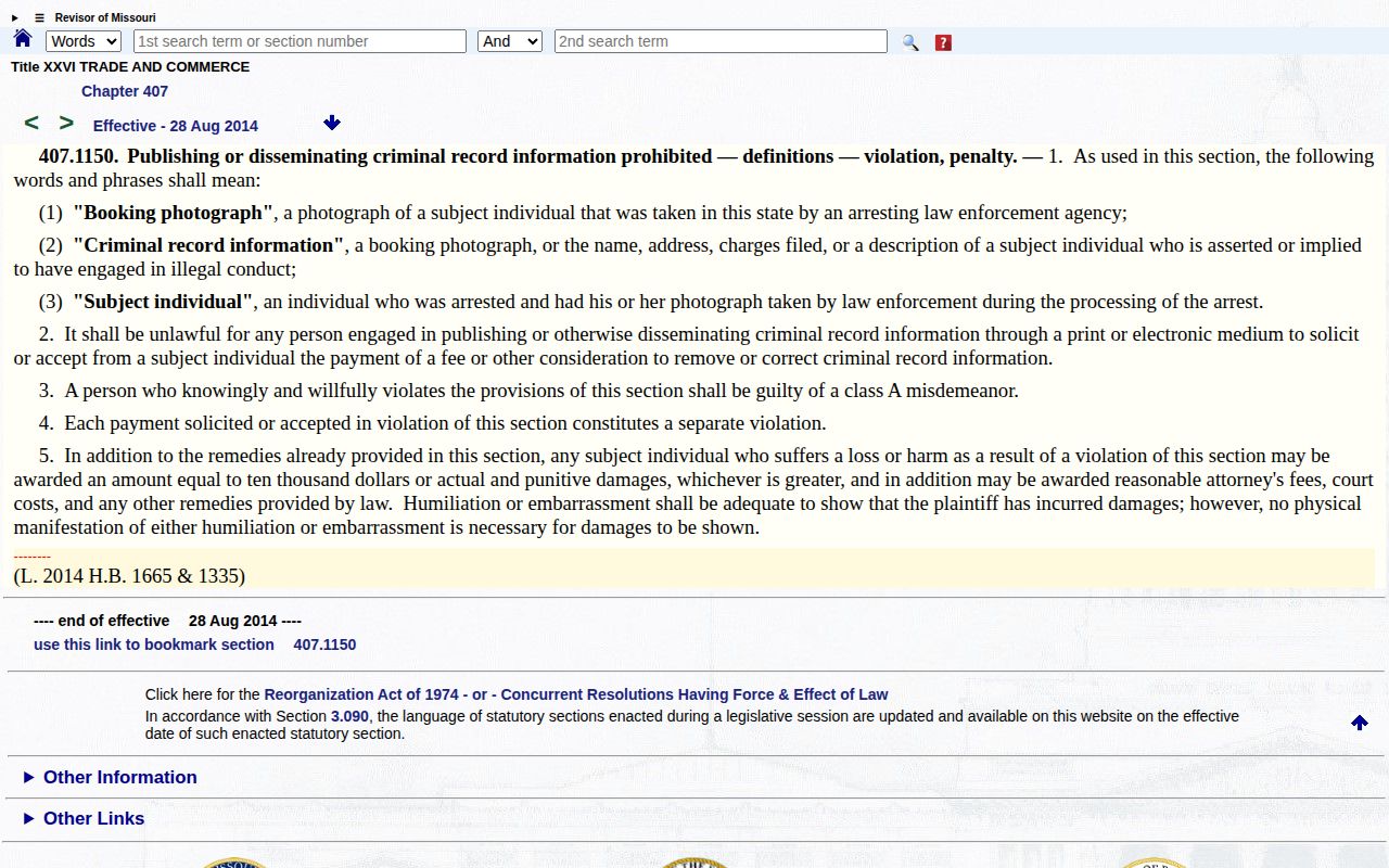 Missouri Revised Statutes page showing the booking-photo publication rule