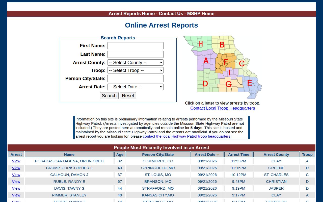 Missouri State Highway Patrol search form for dated arrest reports