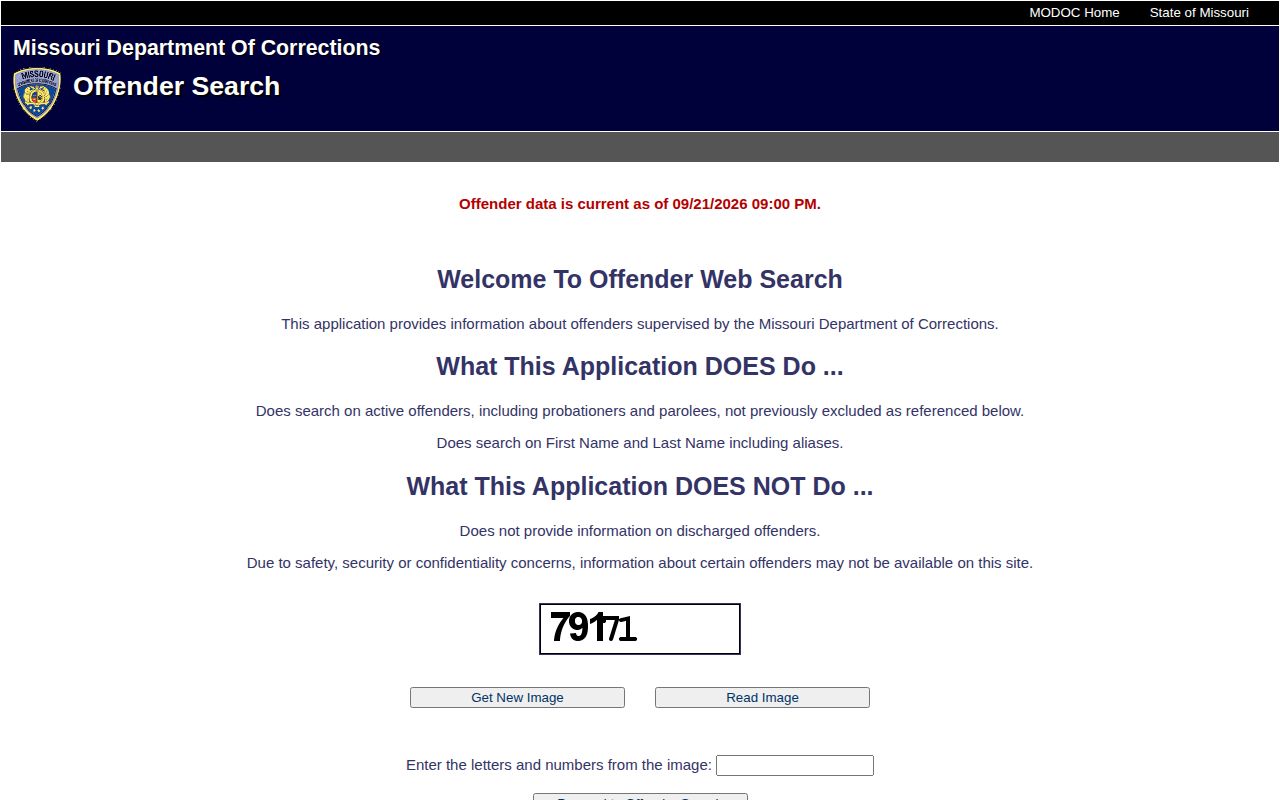Missouri Department of Corrections public offender-search screen