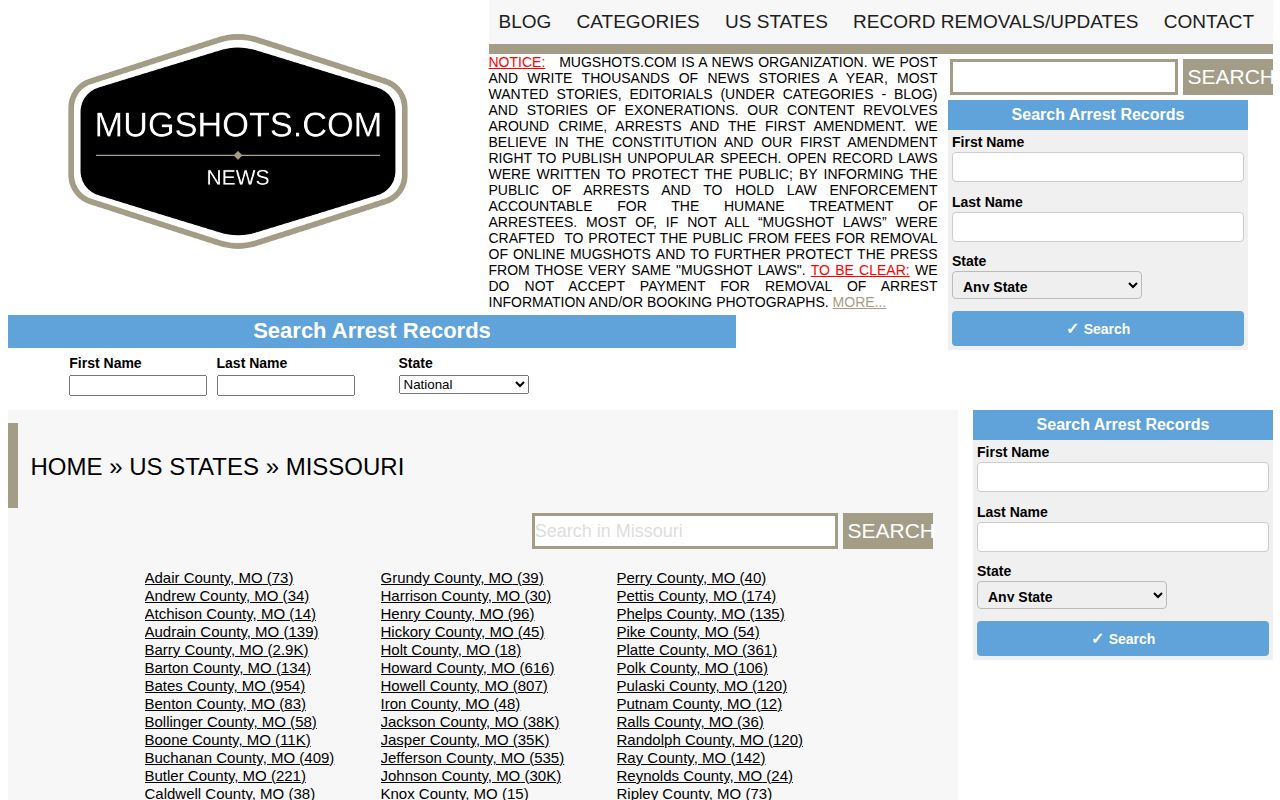 Missouri page from a secondary arrest-record index with search and county listings