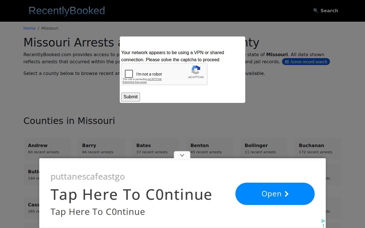 RecentlyBooked Missouri state page with county navigation and a verification prompt